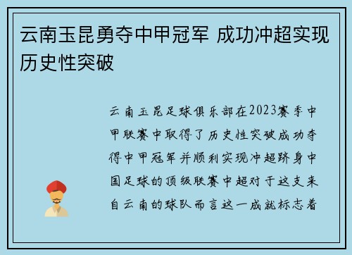 云南玉昆勇夺中甲冠军 成功冲超实现历史性突破