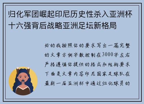 归化军团崛起印尼历史性杀入亚洲杯十六强背后战略亚洲足坛新格局